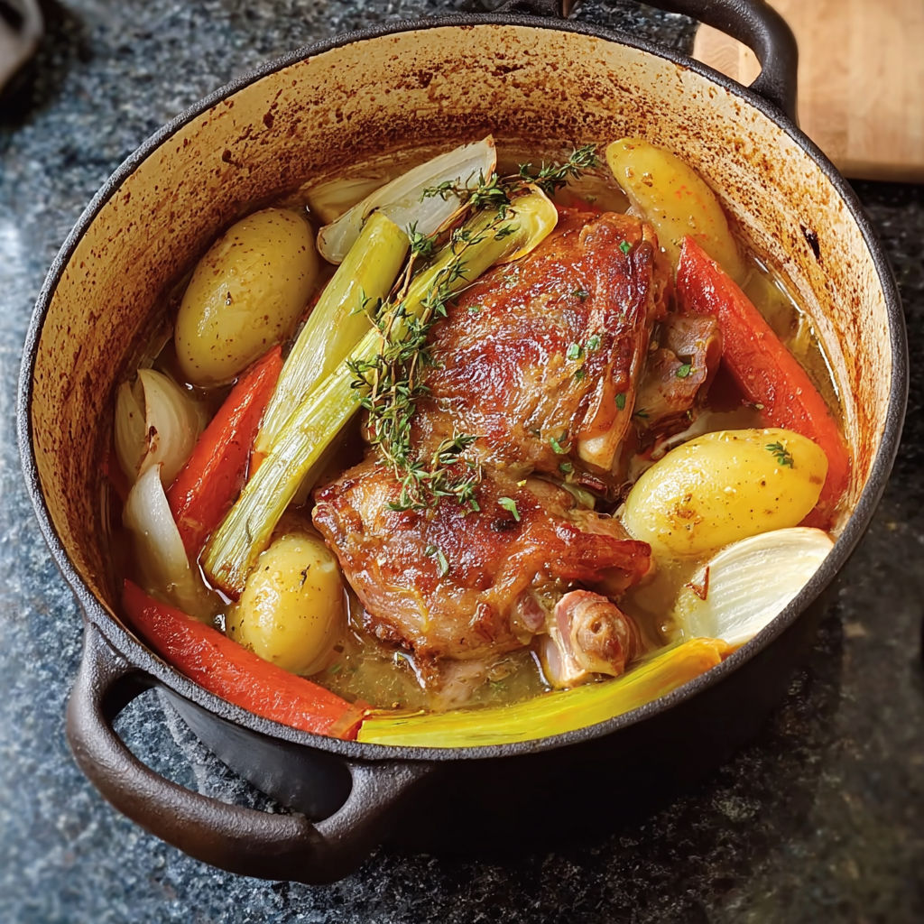 Dans la cocotte en fonte, de beaux légumes posés au milieu d’un jarret de porc bien doré.