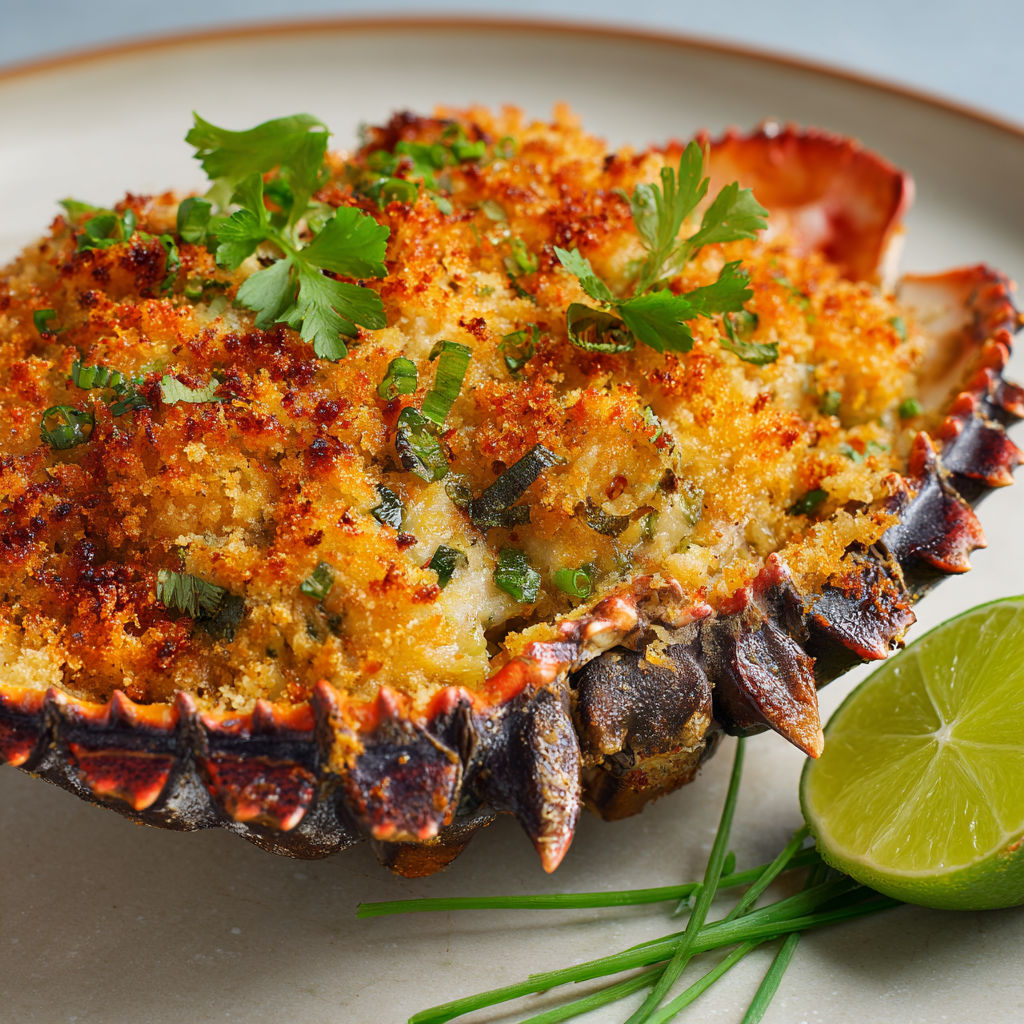 Un crabe farci doré servi sur un plat à côté d’une salade croquante.
