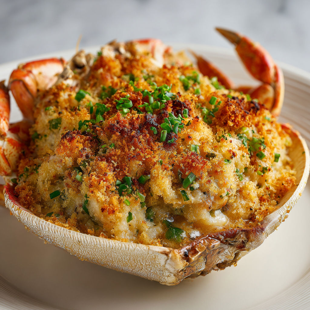 Un crabe farci joliment préparé, présenté sur une assiette en céramique.