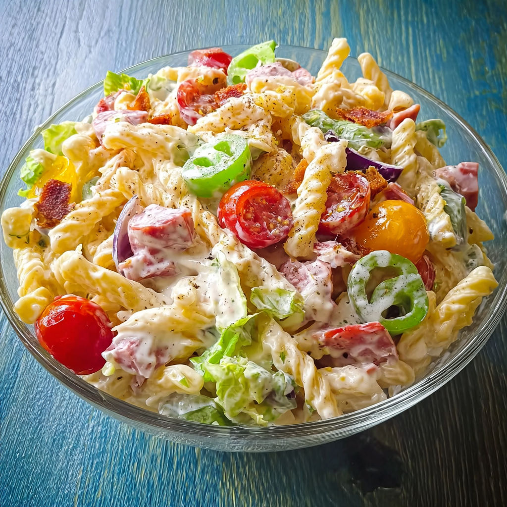 Dans un saladier, une superposition colorée de pâtes, tomates, concombres et salade verte se dévoile, prête à être dégustée.