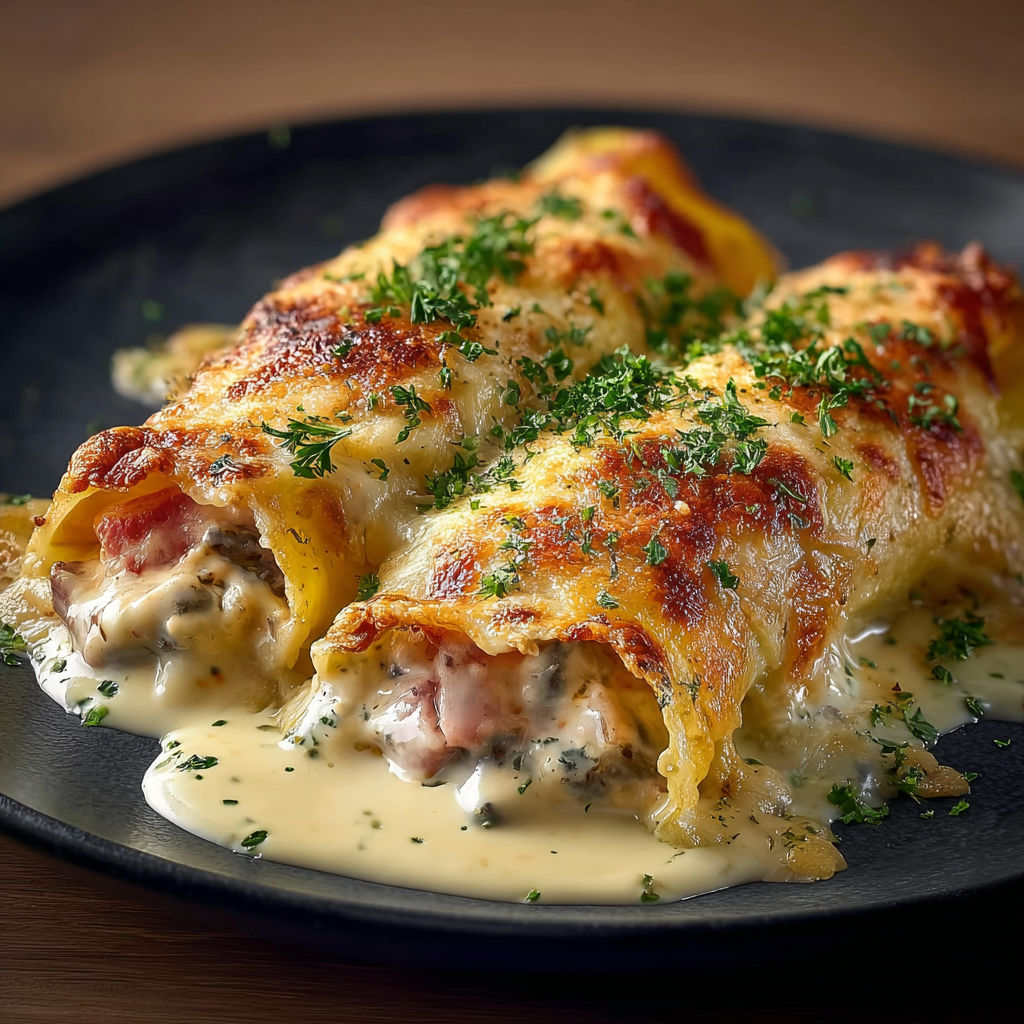 Plat noir rempli de cannellonis roulés au jambon et champignons fondants.