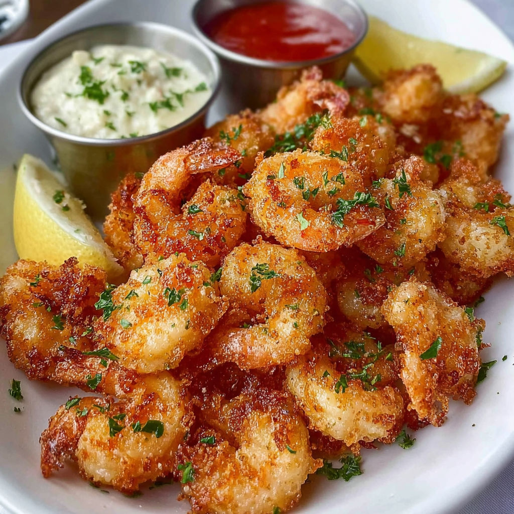 Crevettes frites croquantes avec rondelles de citron et une petite sauce à côté.