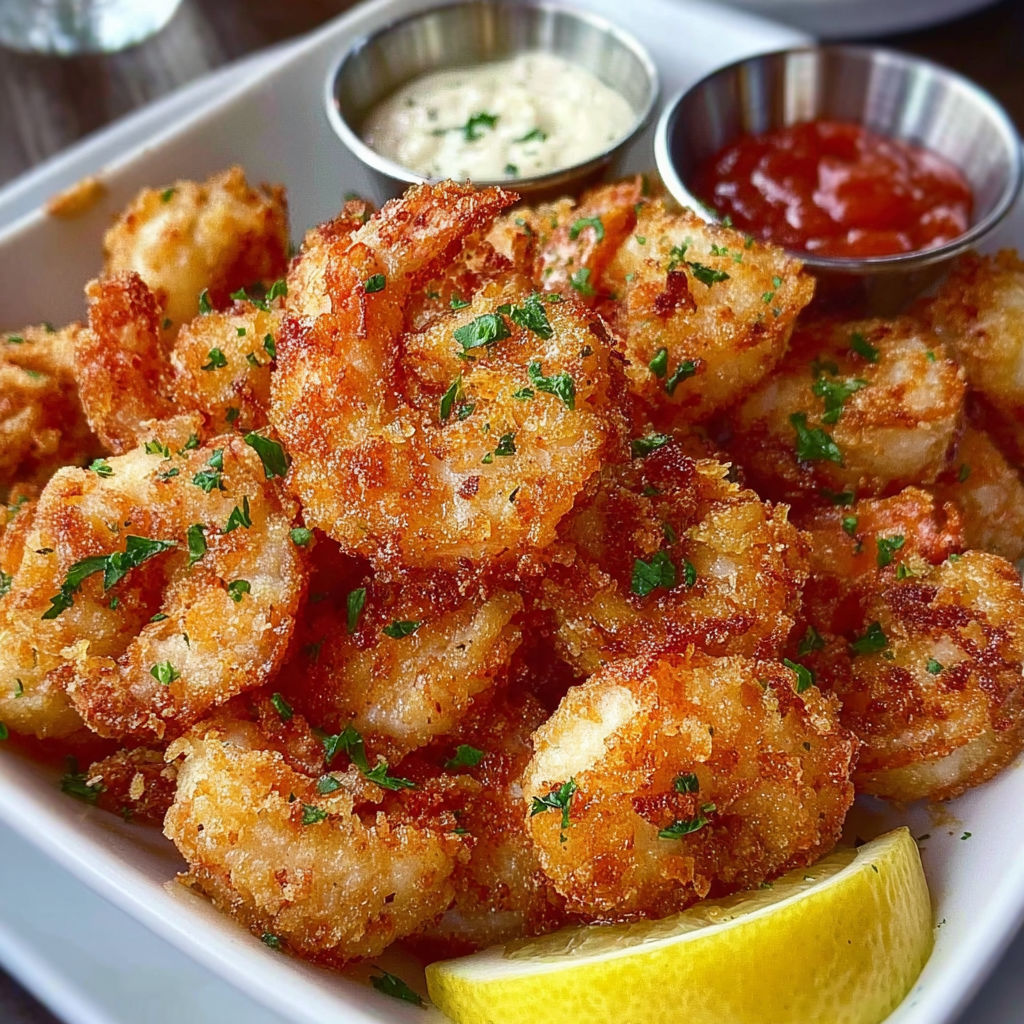 Une belle assiette de crevettes dorées avec sauce et cuillère.