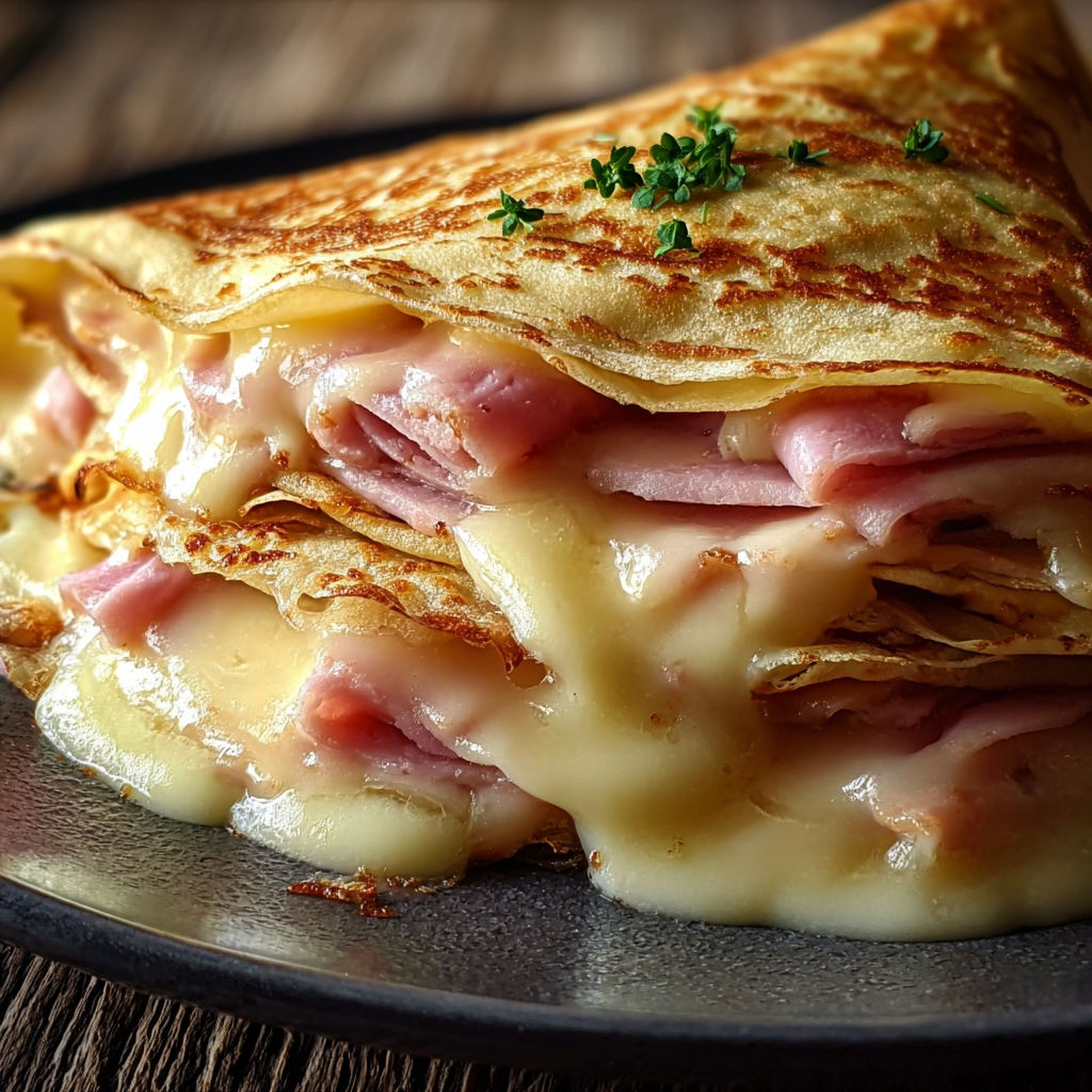 Sur un plateau, la crêpe remplie de jambon et de fromage fondu a l’air trop bonne.