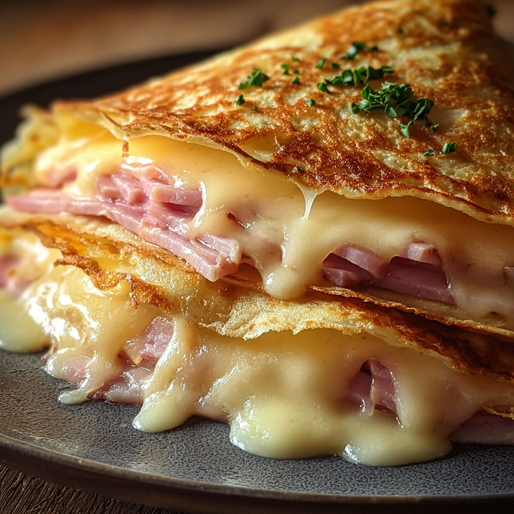 Un croissant garni de fromage et d’herbes fraîches, nappé d’une sauce au beurre.