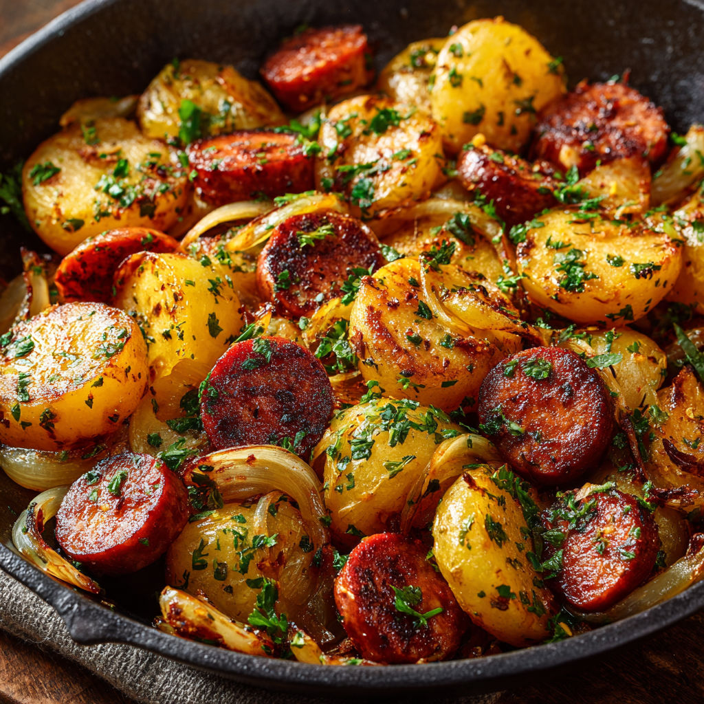 Des pommes de terre dorées et des saucisses fumées, pleines d’herbes fraîches, dans un joli bol posé sur la table.