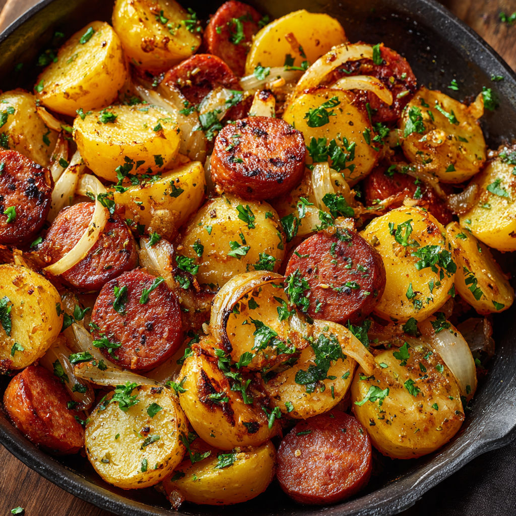 Plat généreux de pommes de terre et saucisses dorées avec herbes fraîches.