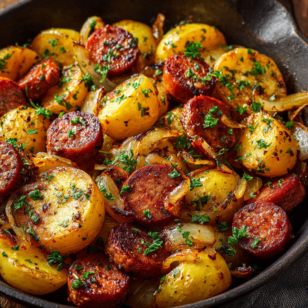 Plat généreux de pommes de terre et saucisses dorées avec herbes fraîches.