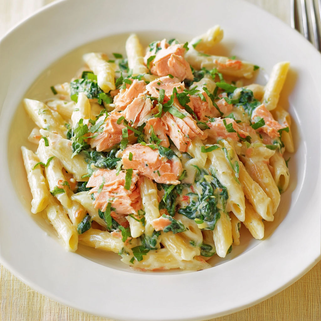 Dans une assiette, des pâtes crémeuses au saumon avec une touche de coriandre et de légumes verts.