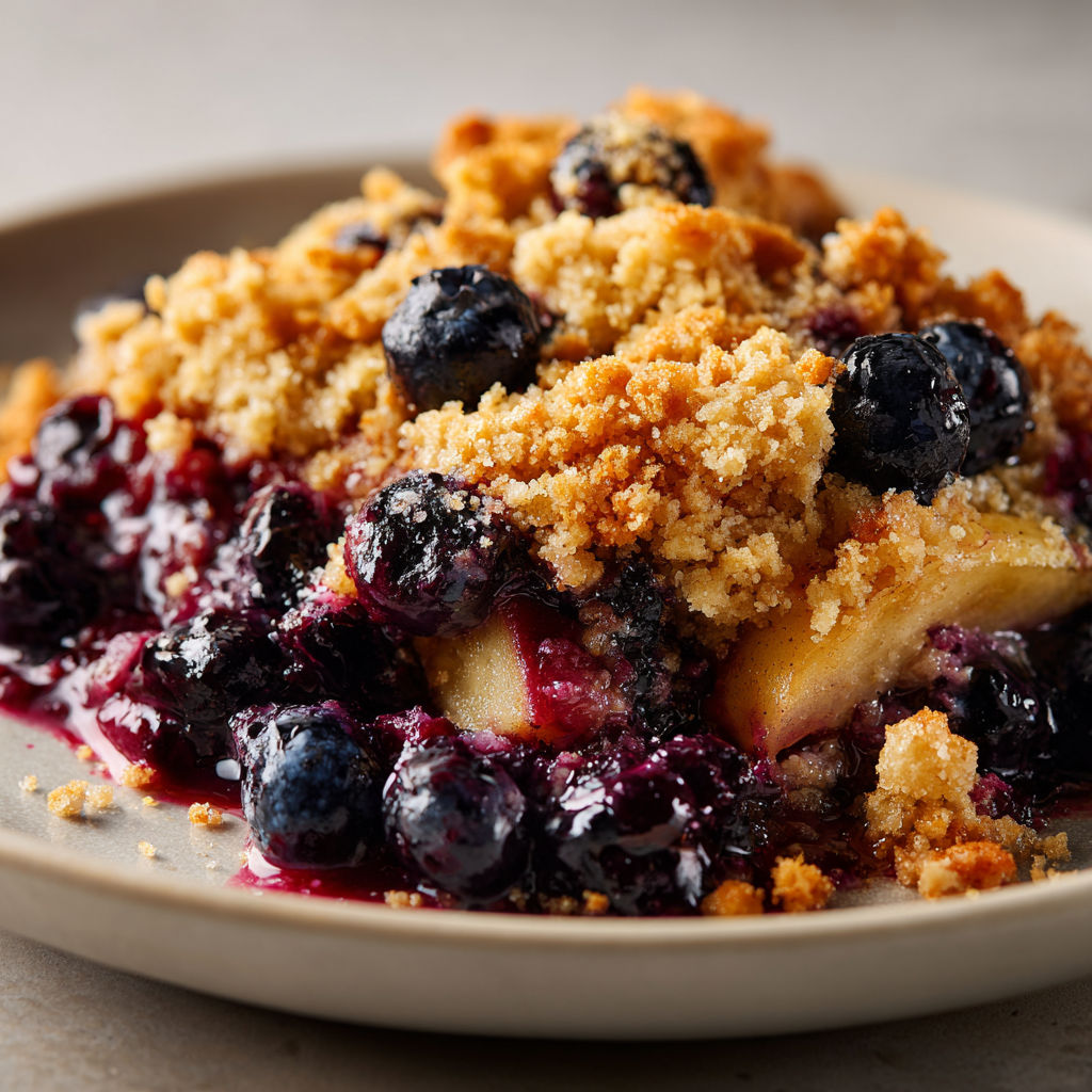 Un dessert sain aux bleuets et pommes fondantes présenté dans un plat en céramique, prêt à être partagé.