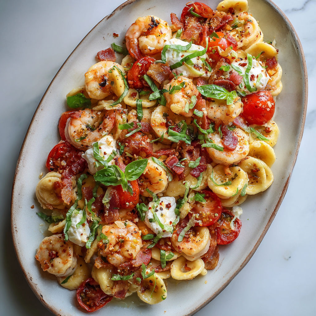 Un bol généreux de salade de crevettes, tomates fraîches et pâtes, posé sur une jolie nappe.