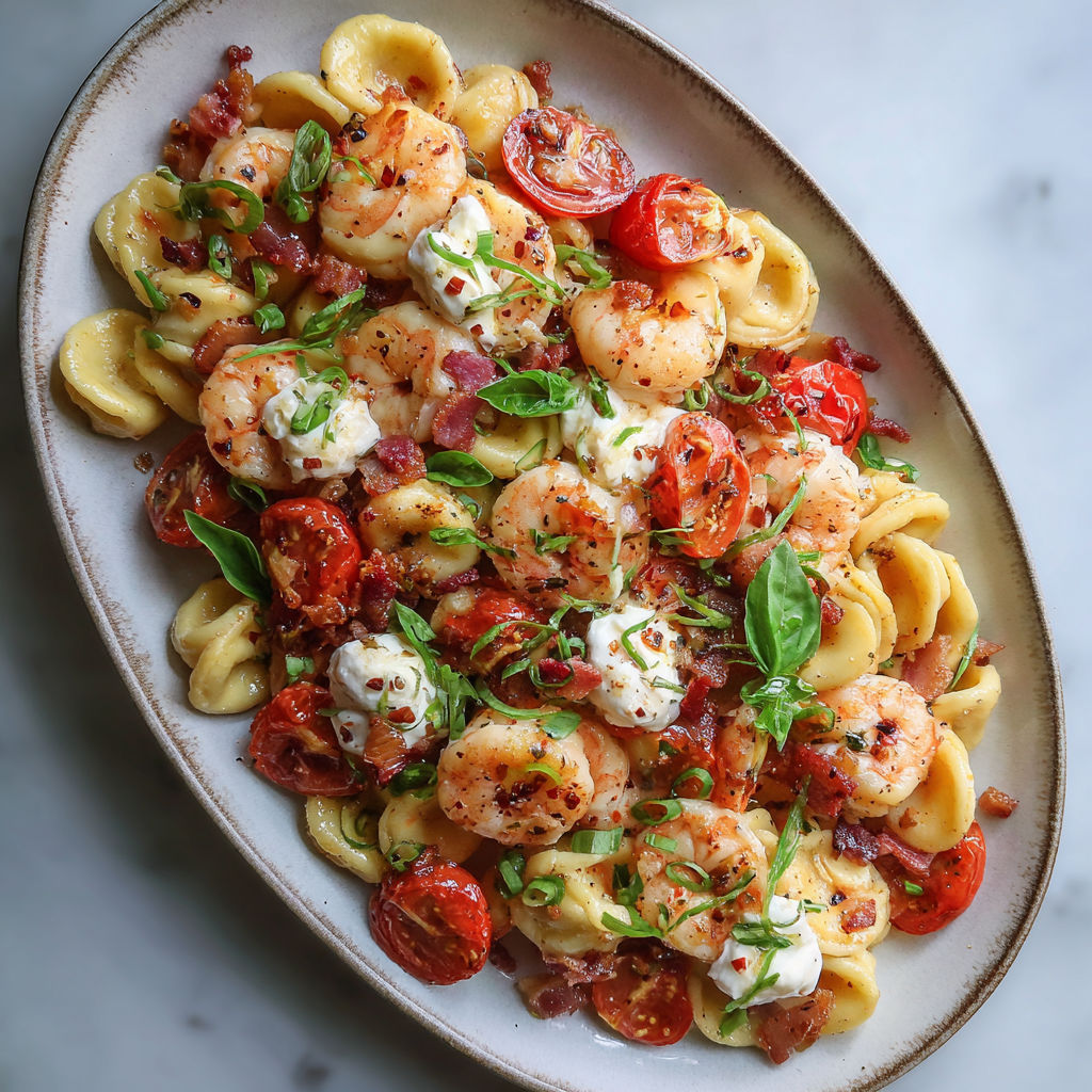 Un plat en céramique où se mêlent crevettes, tomates, pâtes et herbes fraîches.