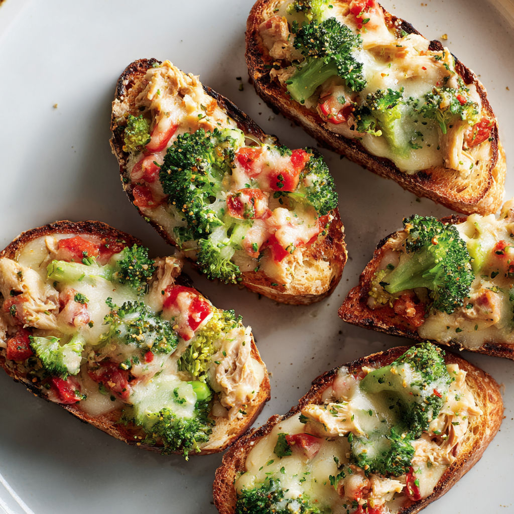 Tartines au thon et brocoli bien fondantes et colorées.