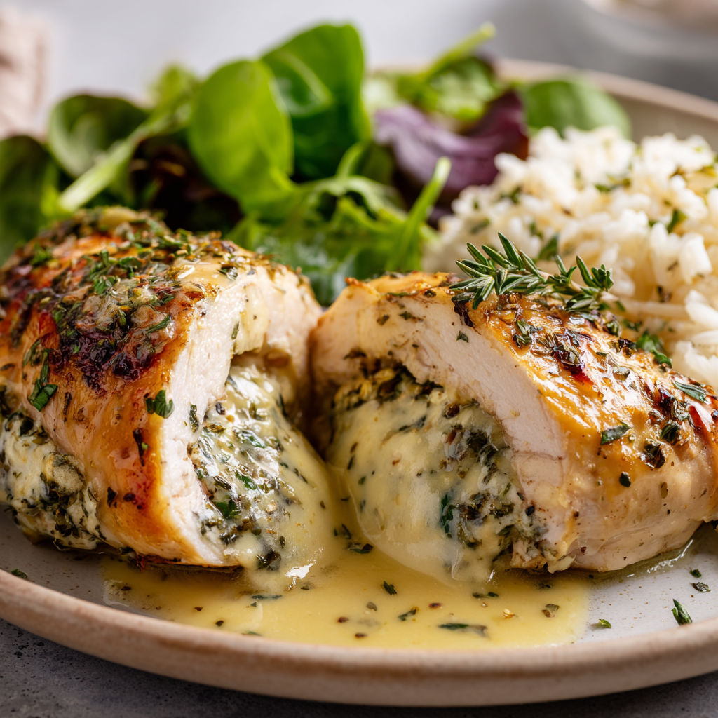On découvre un poulet garni de brie posé sur un plat.