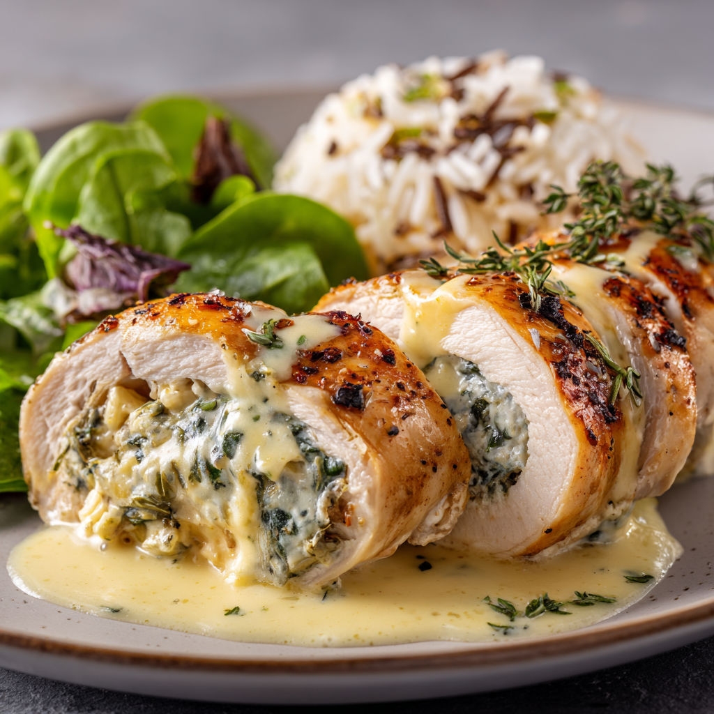 Des blancs de poulet dorés nappés d’une sauce aux herbes avec une salade verte croquante à côté.