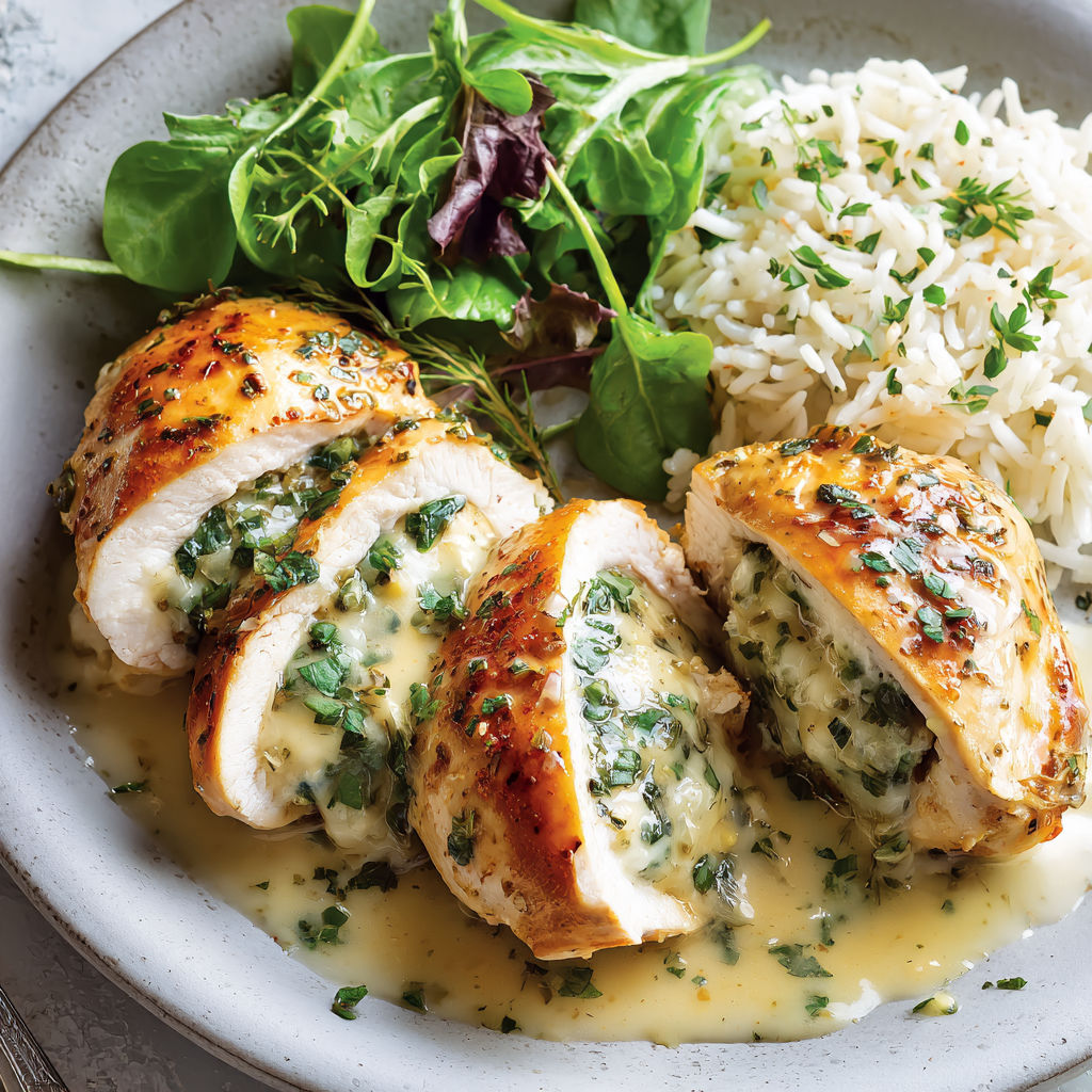 Assiette garnie de poulet aux herbes et de riz sauvage.