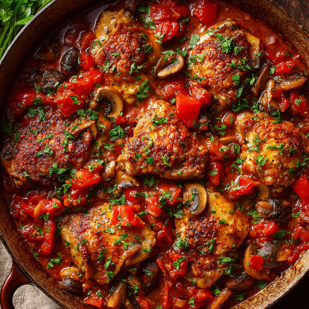 Poulet cacciatore fumant, baignant dans une sauce aux tomates, champignons et aromates.