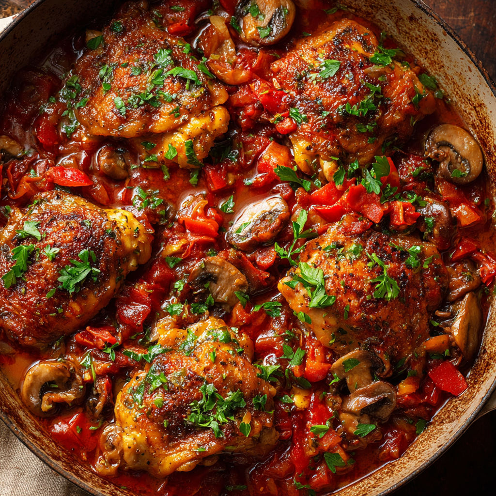 Un savoureux plat de poulet mitonné dans une sauce tomate et champignons, servi dans un bol métallique.
