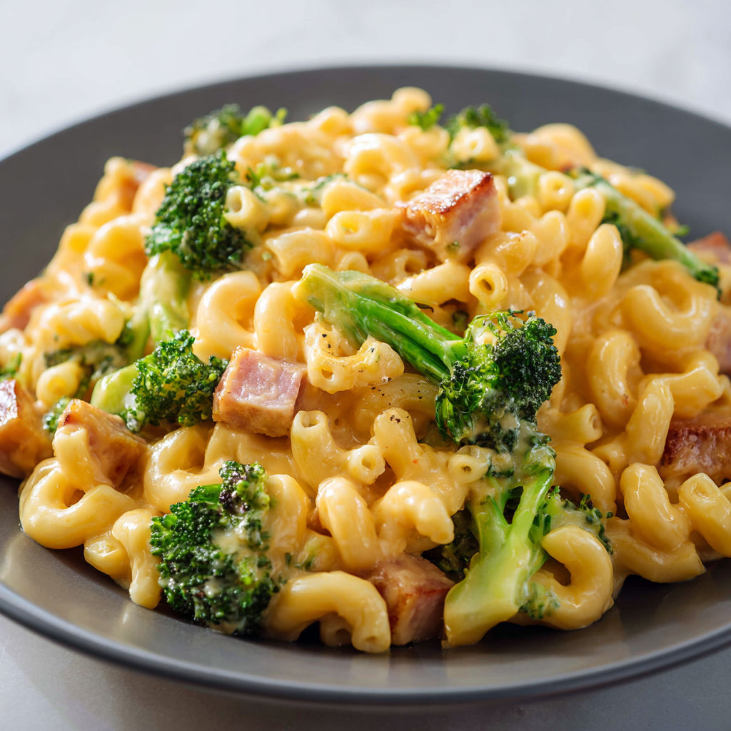 Une assiette remplie de macaronis au fromage fondu et brocoli croquant, posée sur un plateau noir.