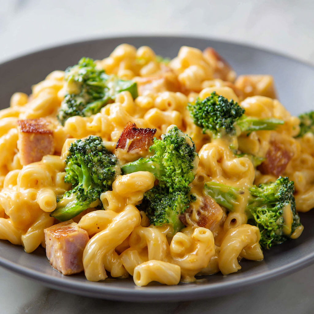 Une assiette de macaroni au fromage, brocolis, champignons et jambon fumé.