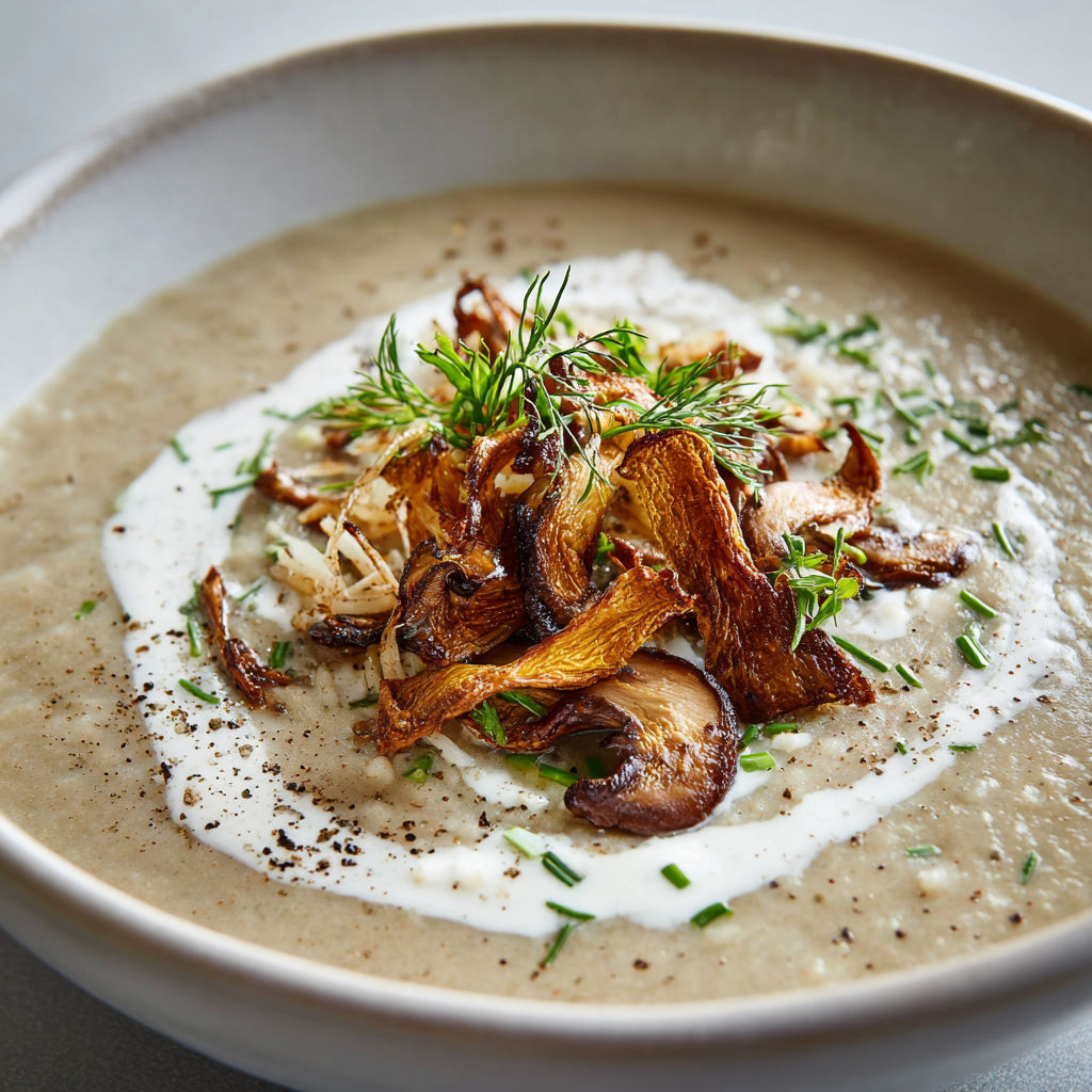 Un grand bol en céramique rempli d’une soupe crémeuse aux champignons, rehaussée d’herbes fraîches et croutons de pomme de terre.