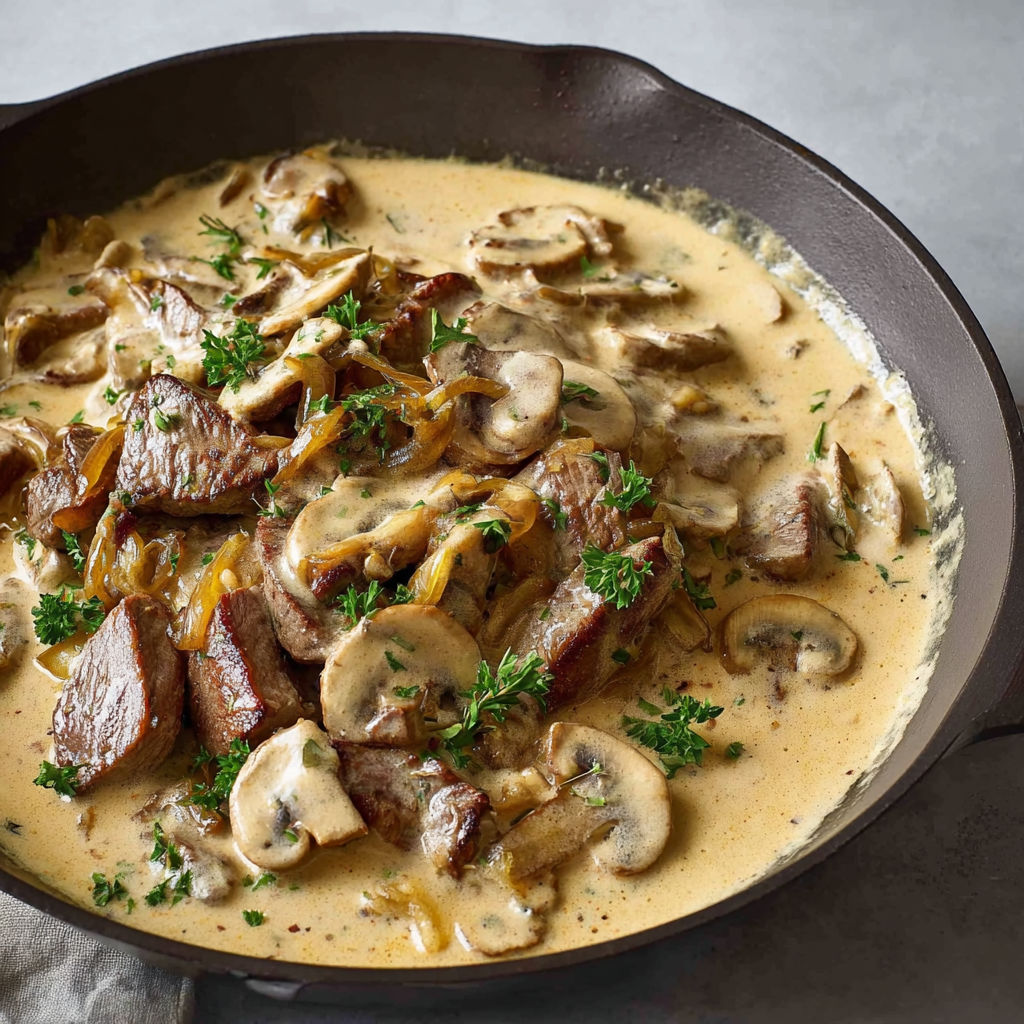 Une grosse casserole de bœuf Stroganoff façon Ducasse, pleine de champignons, d’herbes et de petits légumes colorés.