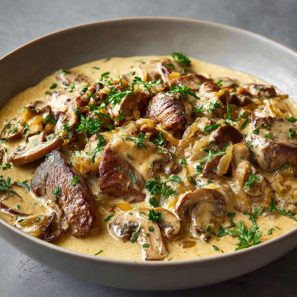 Une assiette garnie de délicieux Bœuf Stroganoff façon Alain Ducasse, riche en champignons et herbes, servie dans un joli bol.