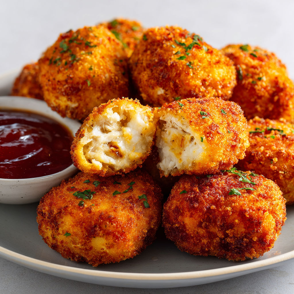 Plusieurs croquettes de poulet dorées posées sur une assiette, servies avec une sauce tomate, sur la table.