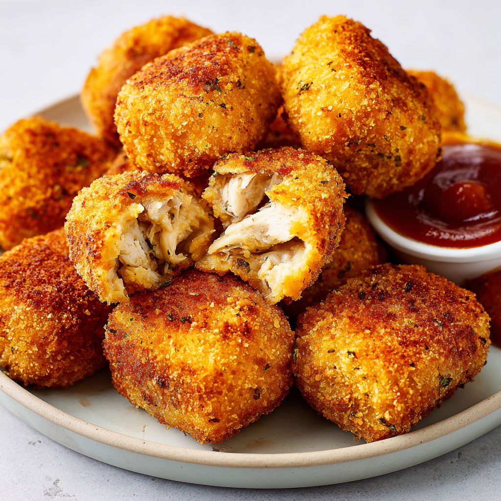 Des croquettes de poulet empilées avec une coupelle de ketchup à côté.