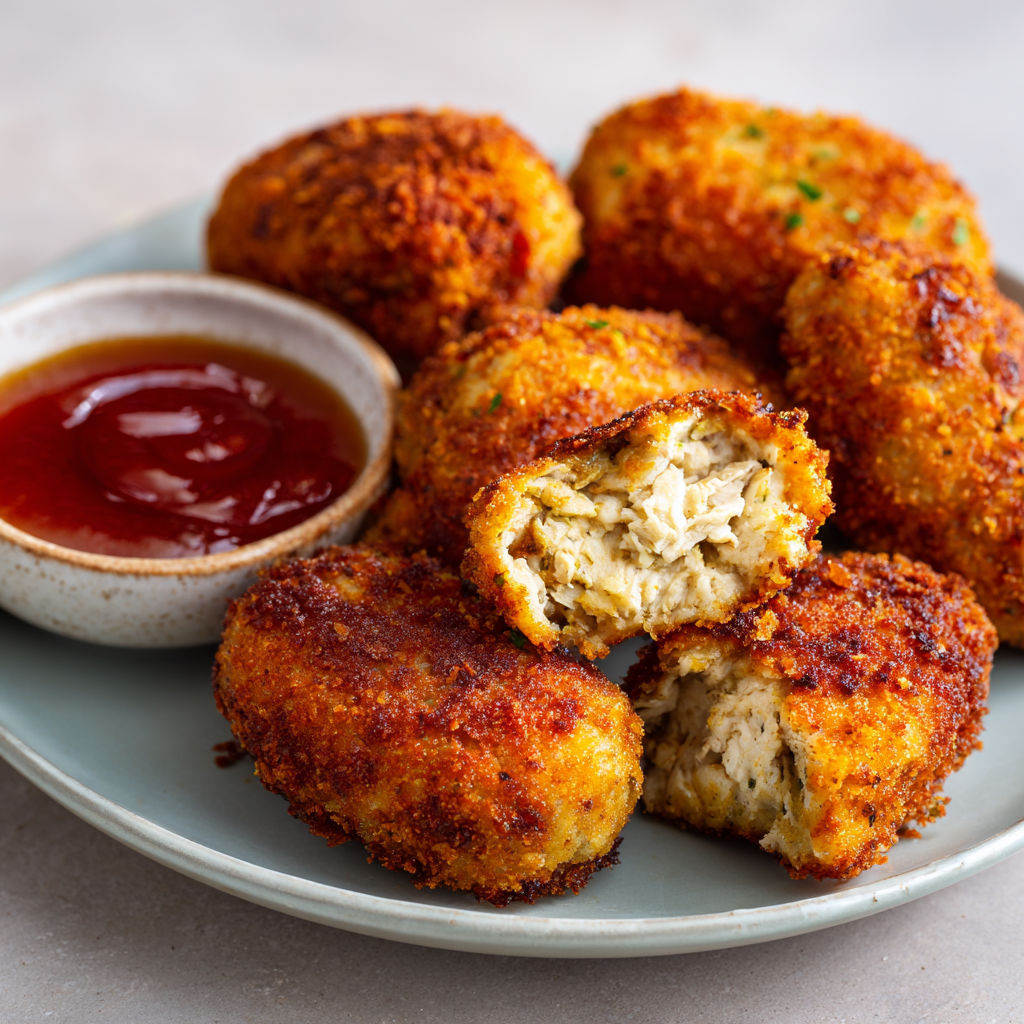 Une belle croquette dorée dans sa panure sur un plateau, avec une petite sauce.