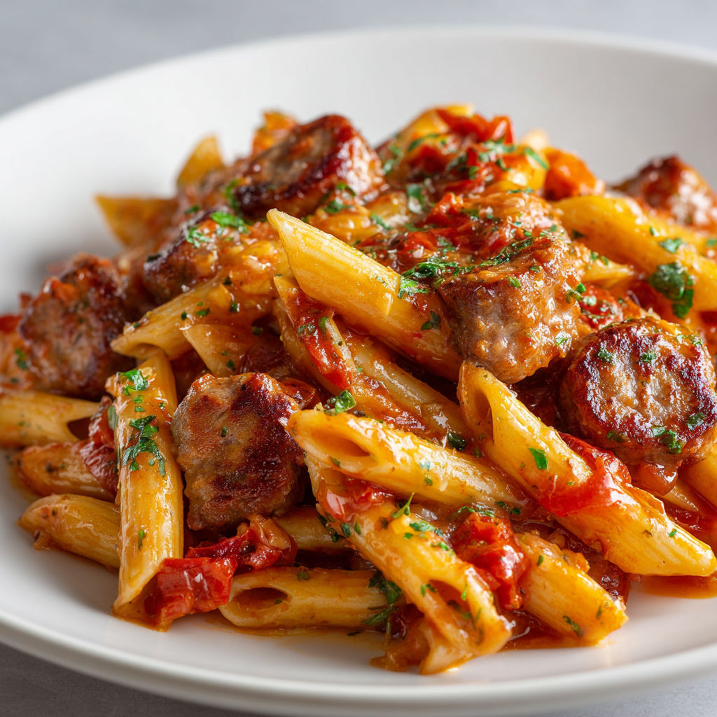 Assiette de pâtes nappées de sauce tomate et saucisse.