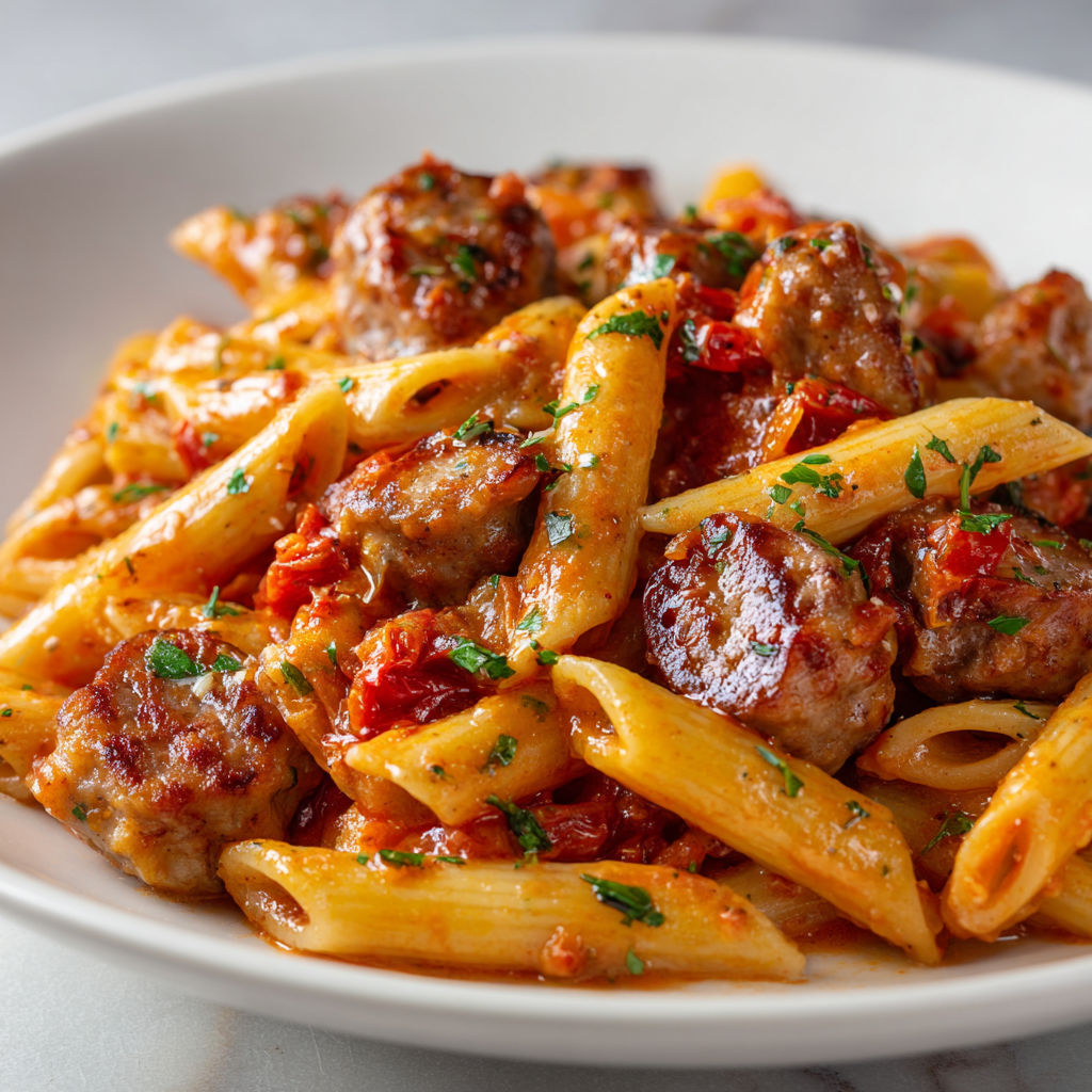 Une assiette de pâtes à la tomate agrémentée d’herbes et boulettes.