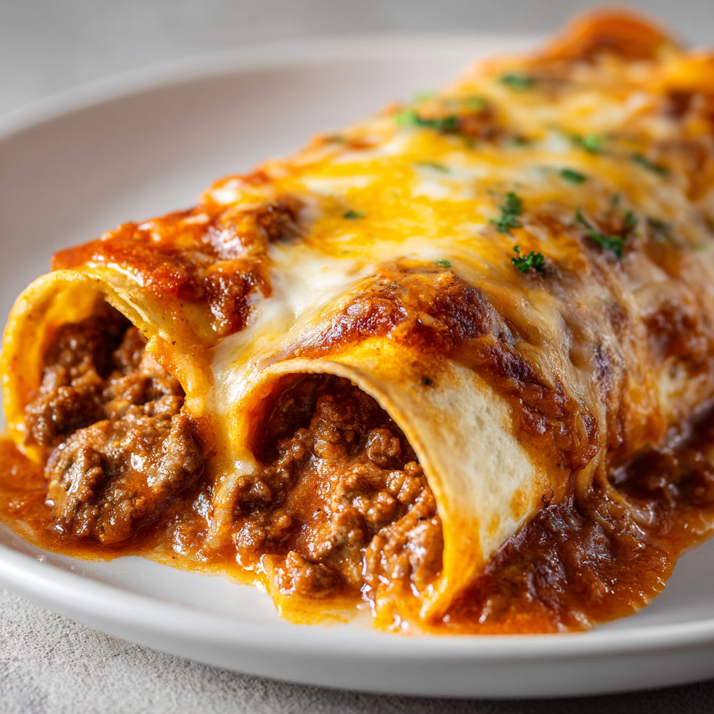 Un rouleau d'enchilada au boeuf tout chaud et gourmand, posé sur un plat.