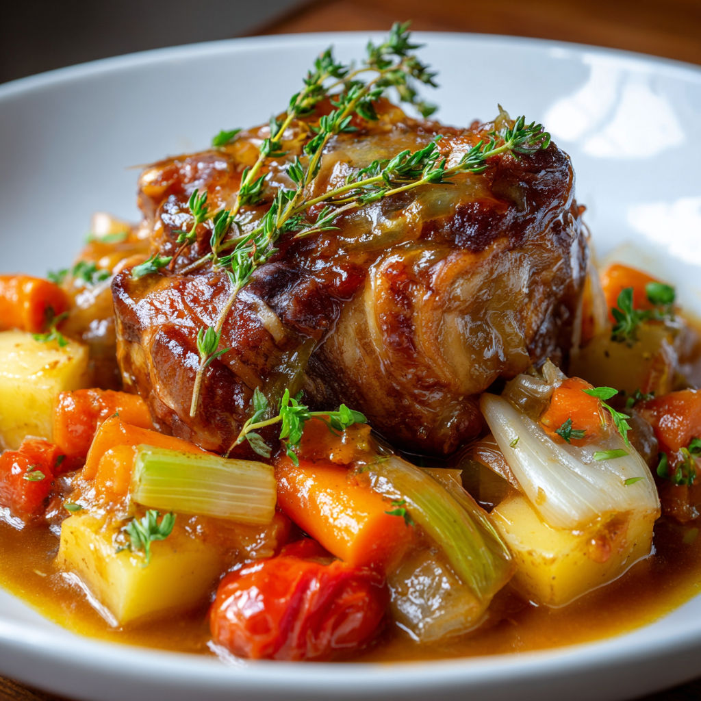 Porc tendre mijoté avec légumes colorés en cocotte fonte.