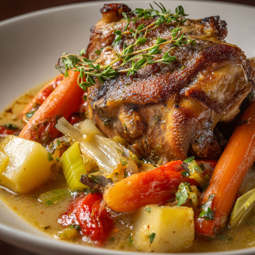 Cocotte en fonte pleine de viande et légumes braisés.