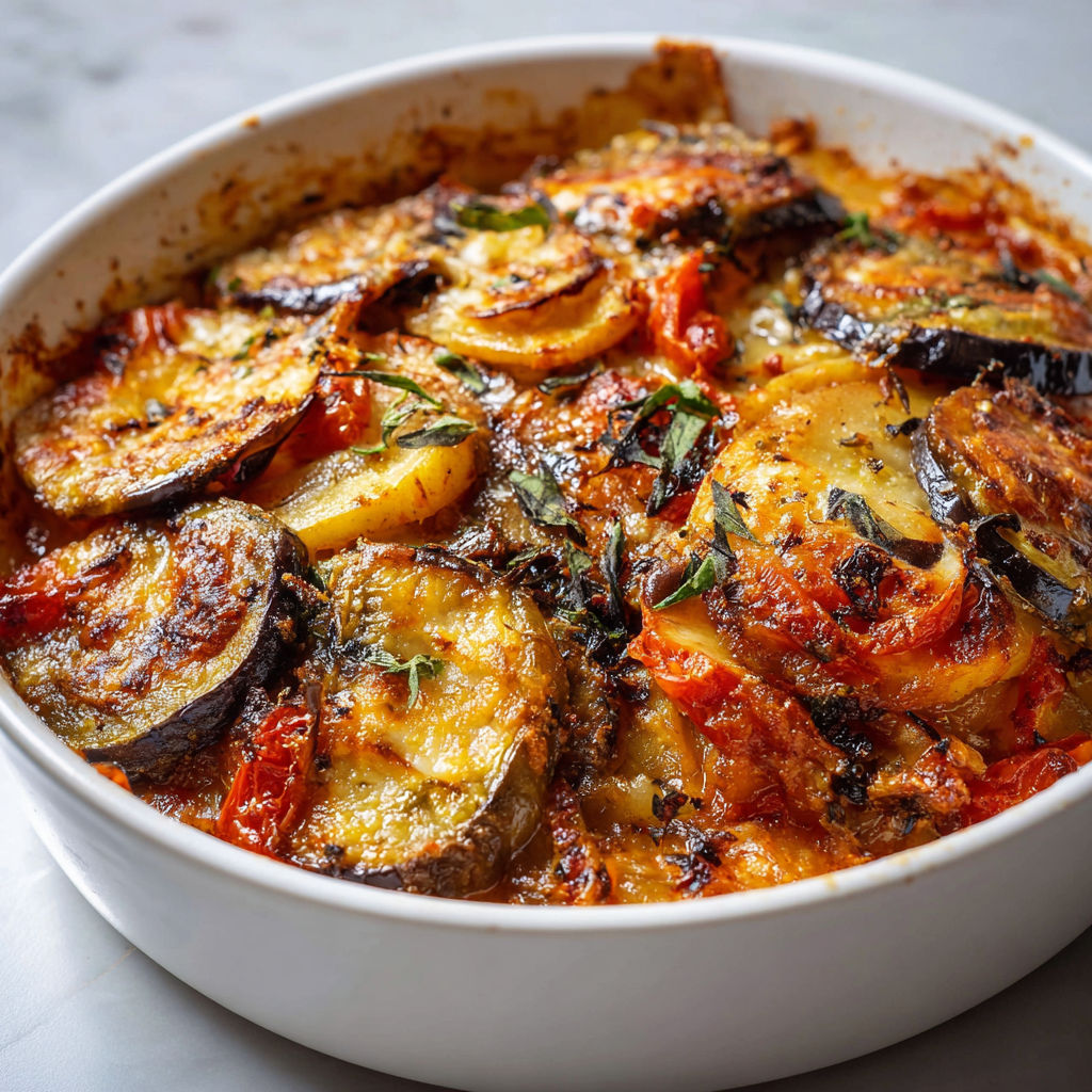 Un gratin de légumes coloré (aubergines, courgettes, poivrons, tomates) dans un bol blanc, avec une apparence rustique et gourmande.