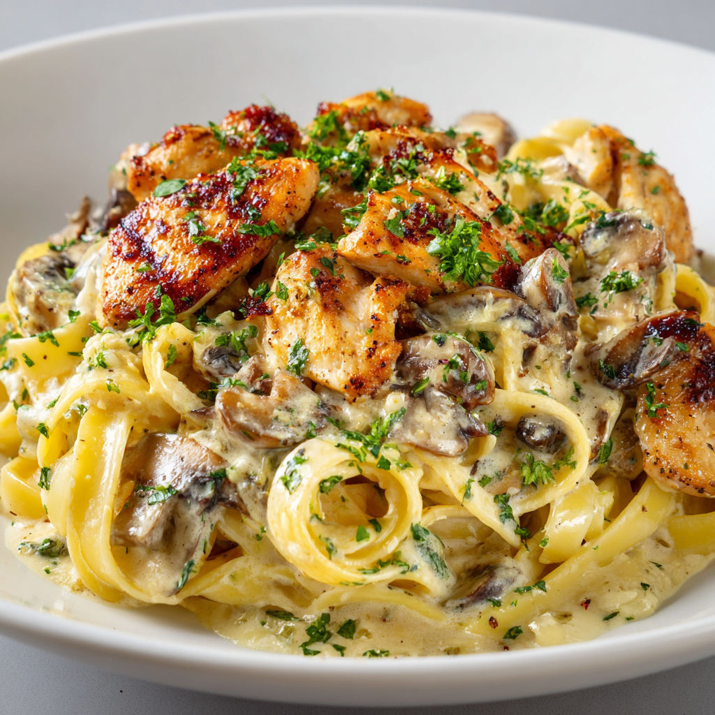Une assiette pleine à craquer de pâtes, poulet et champignons recouverts d’une sauce ultra crémeuse, posée sur une table.
