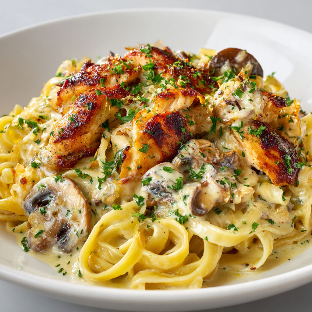 Une assiette joliment servie de pâtes au poulet avec champignons dans une sauce crémeuse.