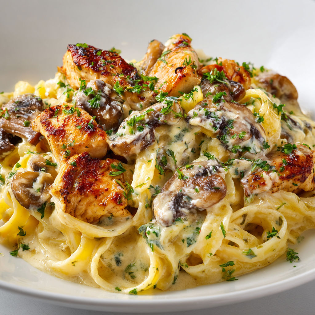 Une assiette joliment servie de pâtes au poulet avec champignons dans une sauce crémeuse.