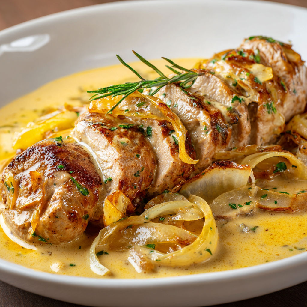 Morceaux de viande dorés avec oignons et pommes de terre dans une sauce crémeuse.