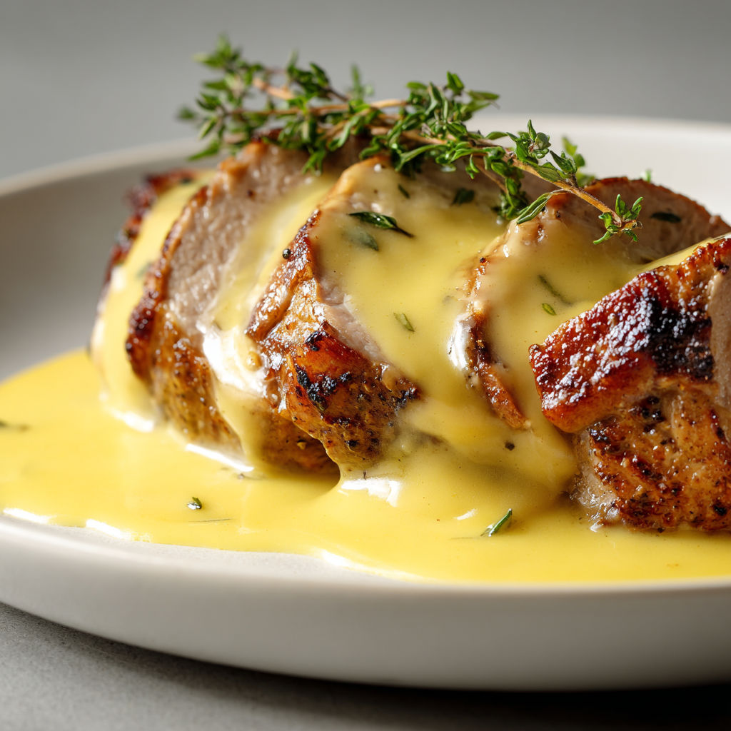 Une pièce de viande dorée avec une sauce crémeuse au yaourt, garnie d’herbes fraîches.