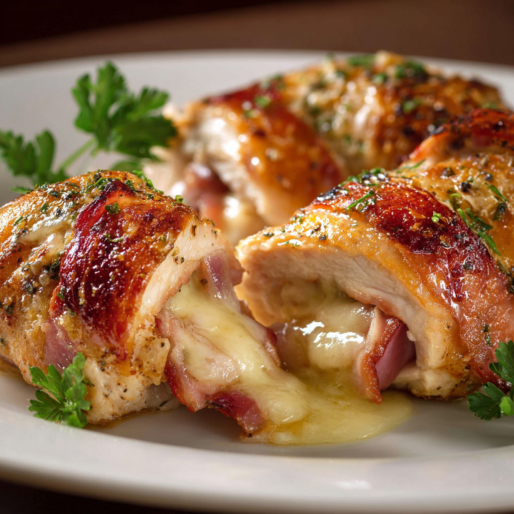 Du poulet roulé au fromage et herbes, prêt à déguster.
