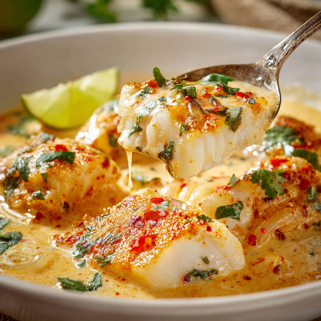 Du cabillaud épicé au lait de coco prêt en 15 minutes, la sauce encore bien nappante avec une cuillère qui s’en sert.