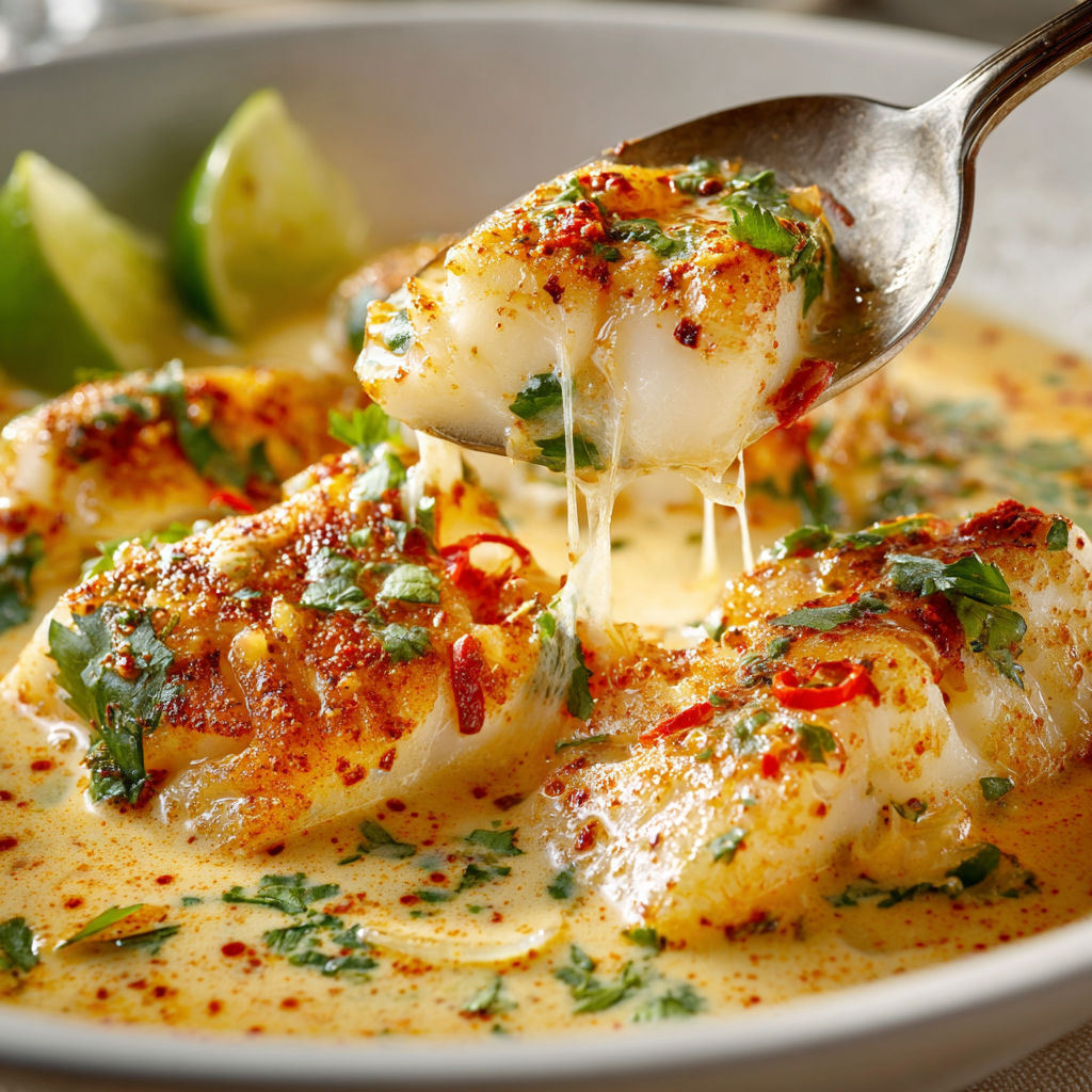 Assiette de cabillaud épicé au lait de coco servi en quinze minutes, une cuillère prélève la sauce sur le plat.