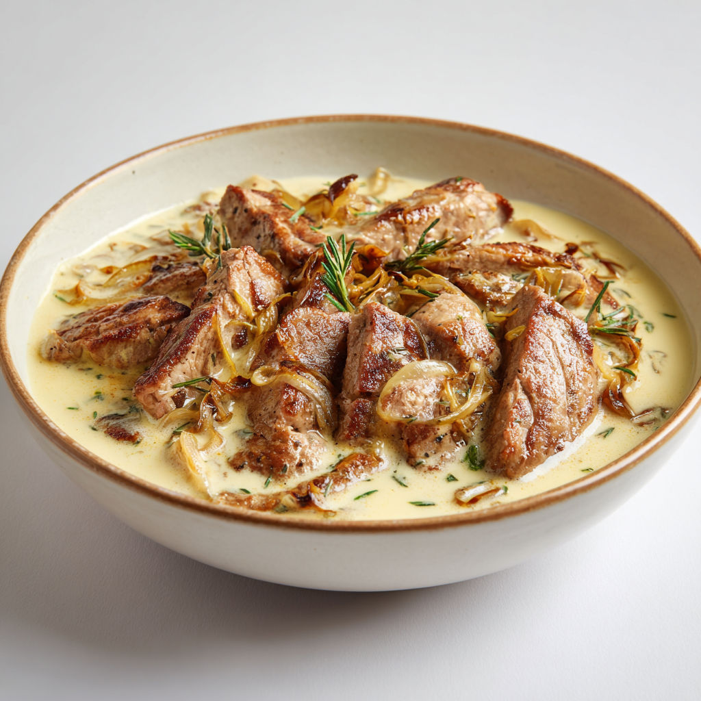 Une belle assiette de porc et légumes nappés de sauce, herbes fraîches en déco.