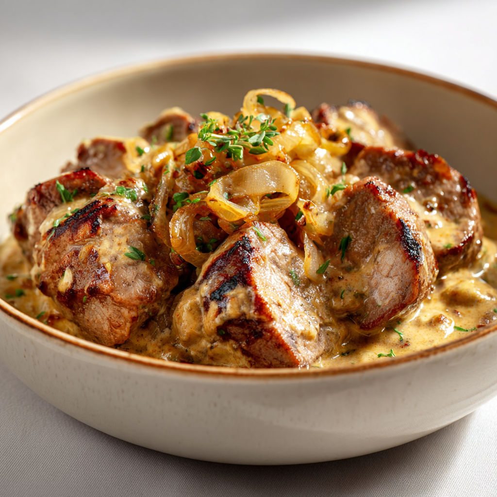 Assiette gourmande de viande bien grillée, oignons fondus et herbes, nappée de sauce.