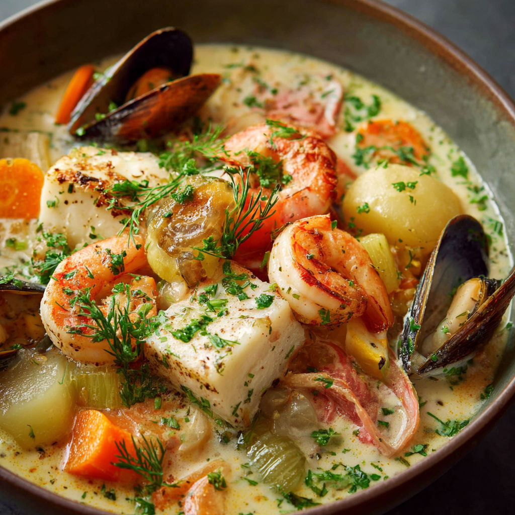 Une belle bouillabaisse avec des moules, des carottes, des oignons et des herbes fraîches.