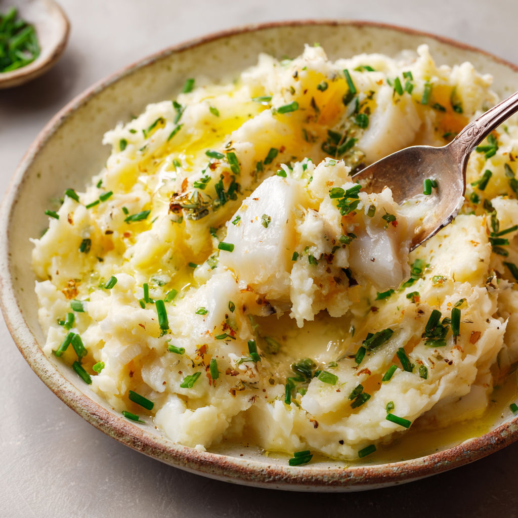 Un gratin de cabillaud et de pommes de terre aux herbes, une fourchette prélève une bouchée fumante.