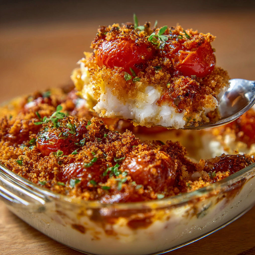Une belle part de crumble de cabillaud, accompagnée de tomates et d’herbes, servie dans un bol posé sur une table.