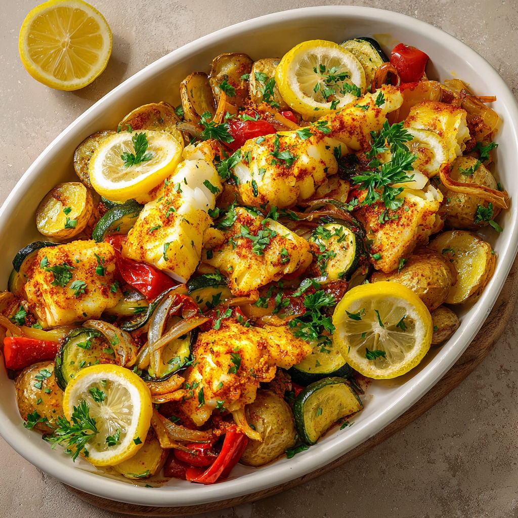 Le cabillaud épicé est servi avec des légumes colorés et des tranches de citron frais.